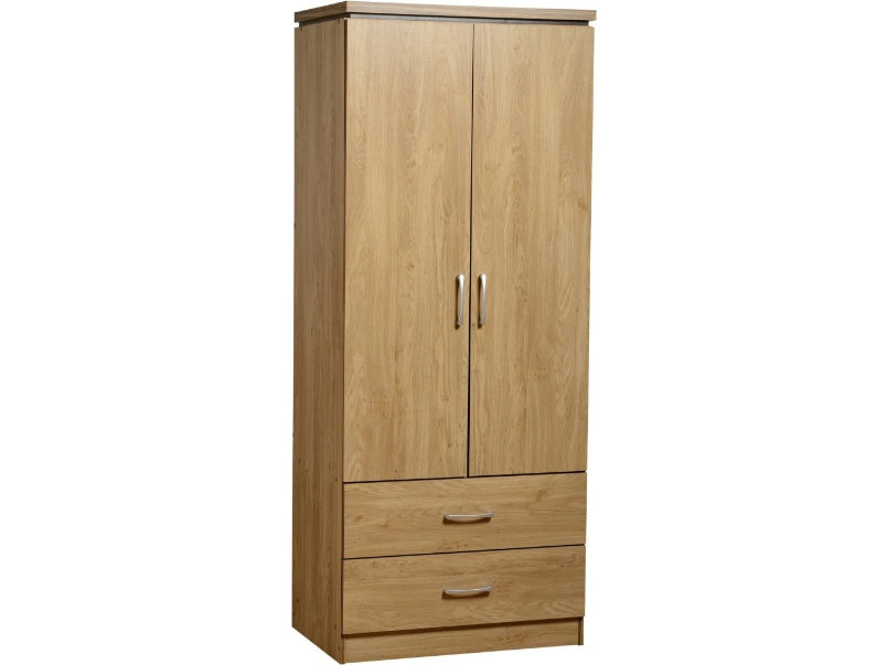 Charles 2 Door 2 Drawer Wardrobe Oak Effect Veneer with Walnut Trim
