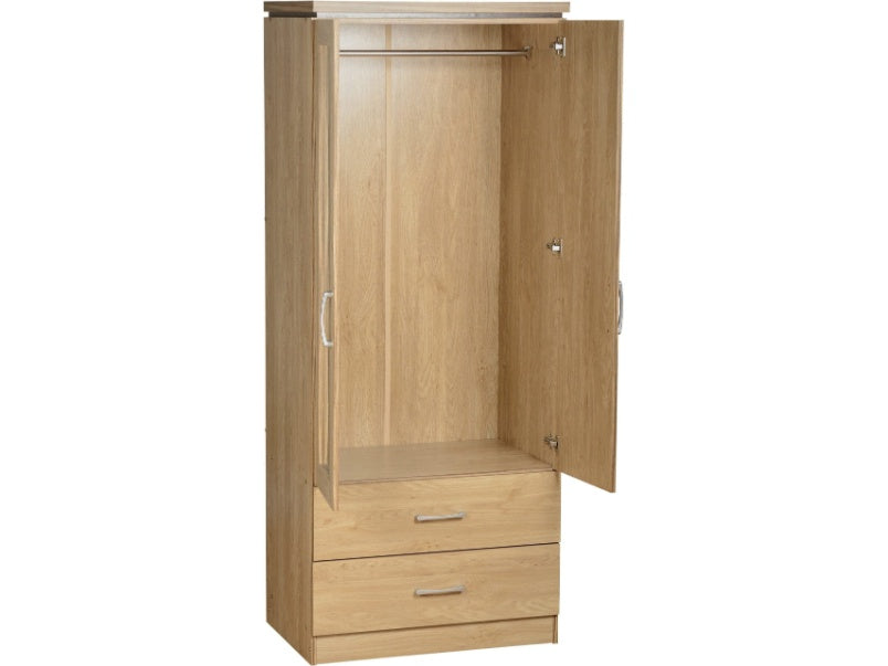 Charles 2 Door 2 Drawer Wardrobe Oak Effect Veneer with Walnut Trim