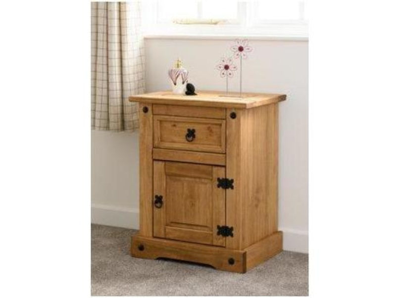 Corona 1 Drawer 1 Door Bedside Cabinet in Distressed Waxed Pine