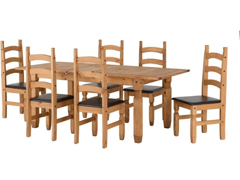 Corona Extending Dining Set with 6 Chairs Distressed Waxed Pine/Brown Faux Leather