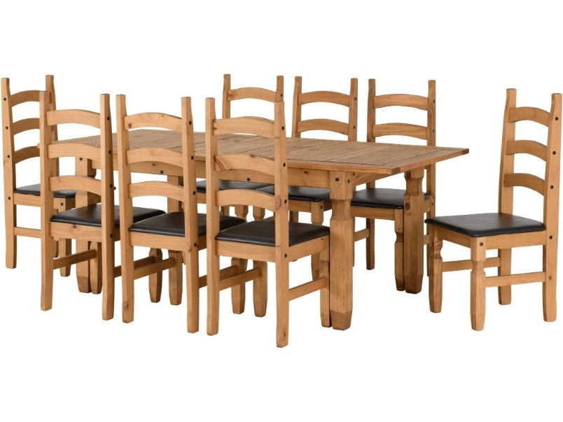 Corona Extending Dining Set with 8 Chairs Distressed Waxed Pine/Brown Faux Leather
