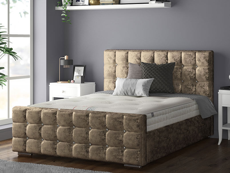 Cube Chesterfield Bed Frame with Diamonds in Crushed Velvet Silver
