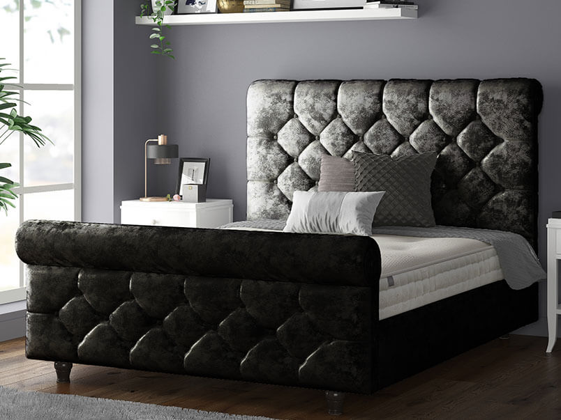 Jasmine Sleigh Bed Frame with Matching Buttons in Crushed Velvet
