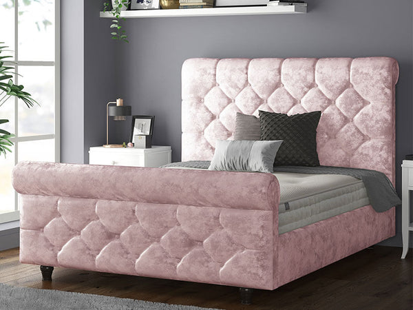 Jasmine Sleigh Bed Frame with Matching Buttons in Crushed Velvet Pink