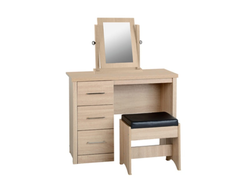 Lisbon 3Pc Dressing Table Set (With Mirror) Light Oak Effect/Black Faux Leather Seat