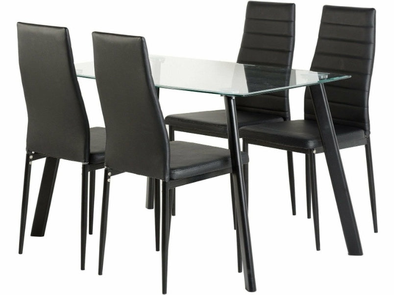 Abbey Dining Set Black Clear Glass with Black Faux Leather Chairs