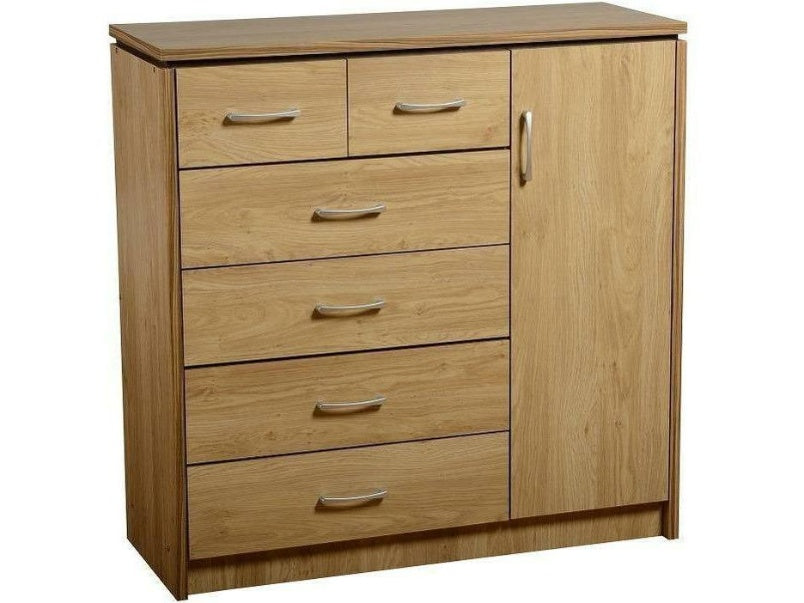 Charles 1 Door 6 Drawer Chest Oak Effect Veneer with Walnut Trim