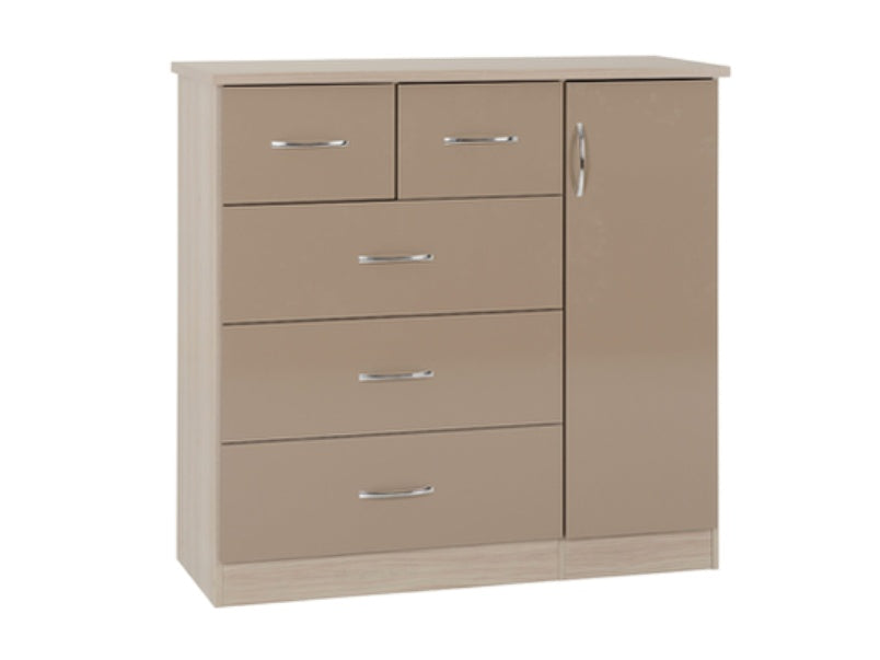 Nevada 5 Drawer Low Wardrobe Oyster Gloss/Light Oak Effect Veneer