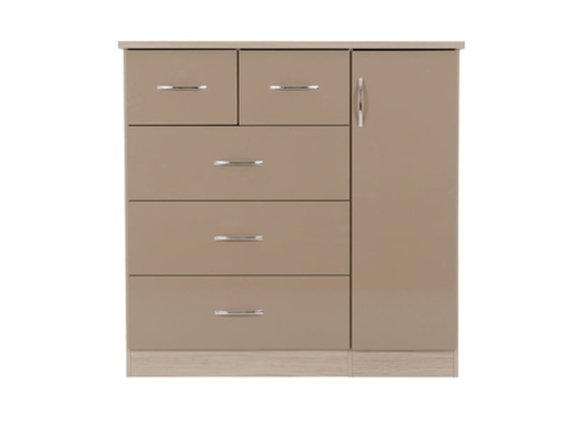 Nevada 5 Drawer Low Wardrobe Oyster Gloss/Light Oak Effect Veneer