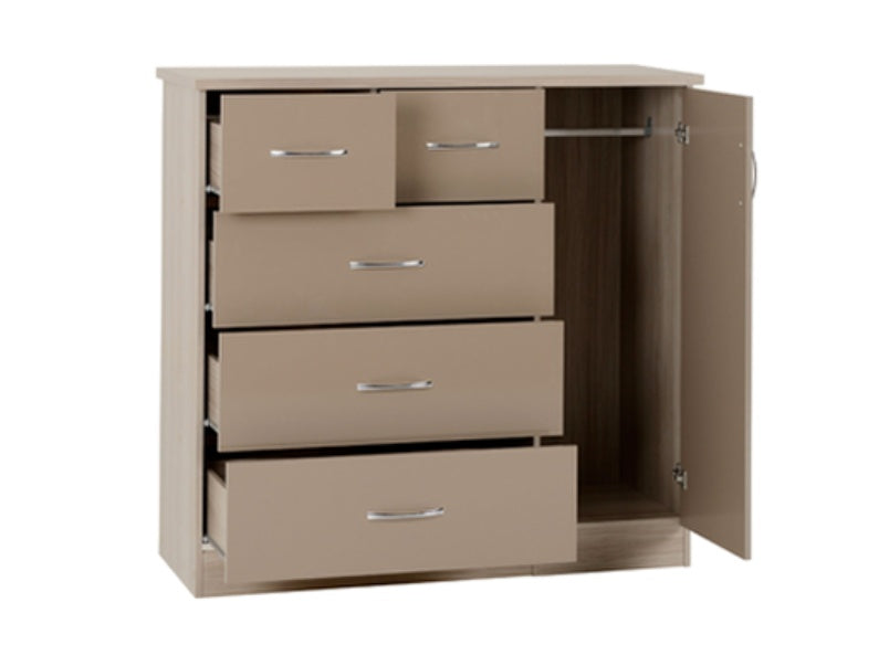 Nevada 5 Drawer Low Wardrobe Oyster Gloss/Light Oak Effect Veneer