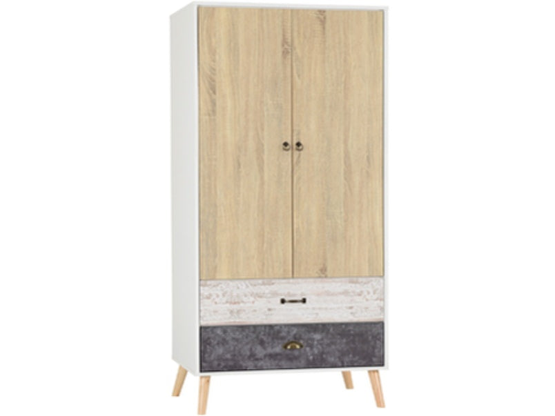 Nordic 2 Door 2 Drawer Wardrobe White/Distressed Effect