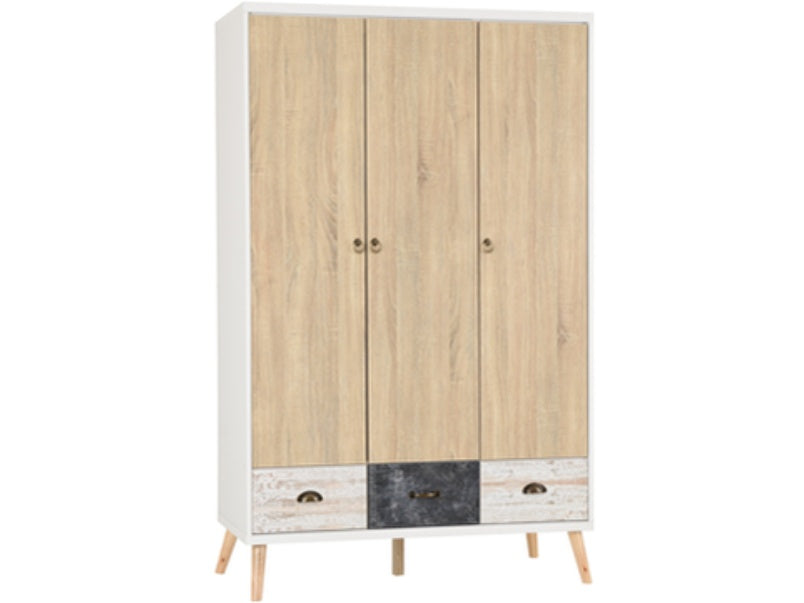 Nordic 3 Door 3 Drawer Wardrobe White/Distressed Effect