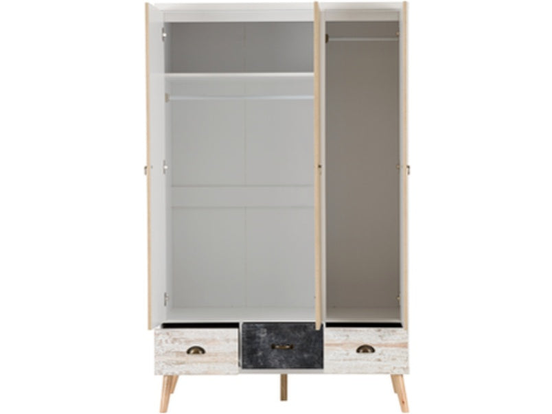 Nordic 3 Door 3 Drawer Wardrobe White/Distressed Effect