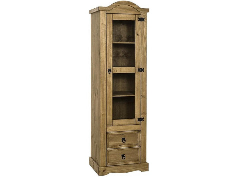 Corona 1 Door 2 Drawer Glass Display Unit in Distressed Waxed Pine Clear Glass