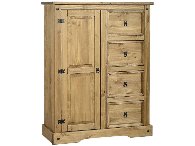 Corona 1 Door 4 Drawer Low Wardrobe in Distressed Waxed Pine