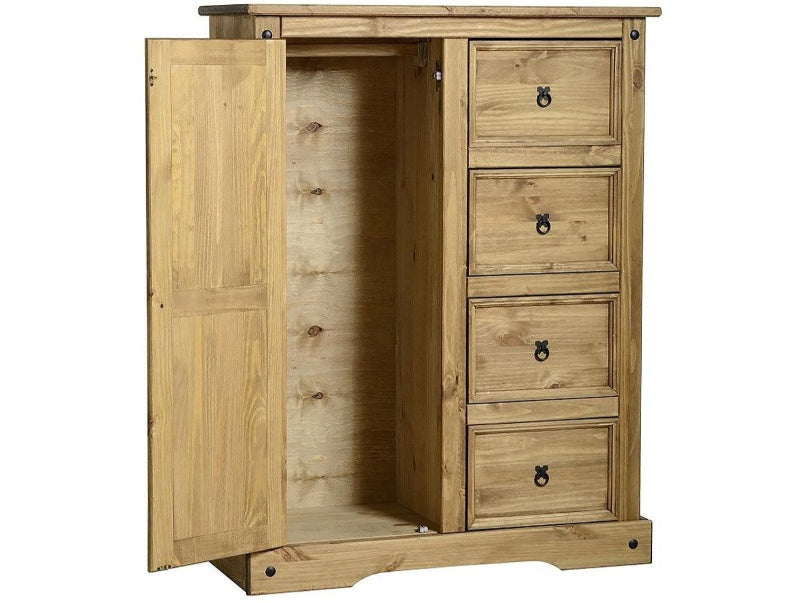 Corona 1 Door 4 Drawer Low Wardrobe in Distressed Waxed Pine