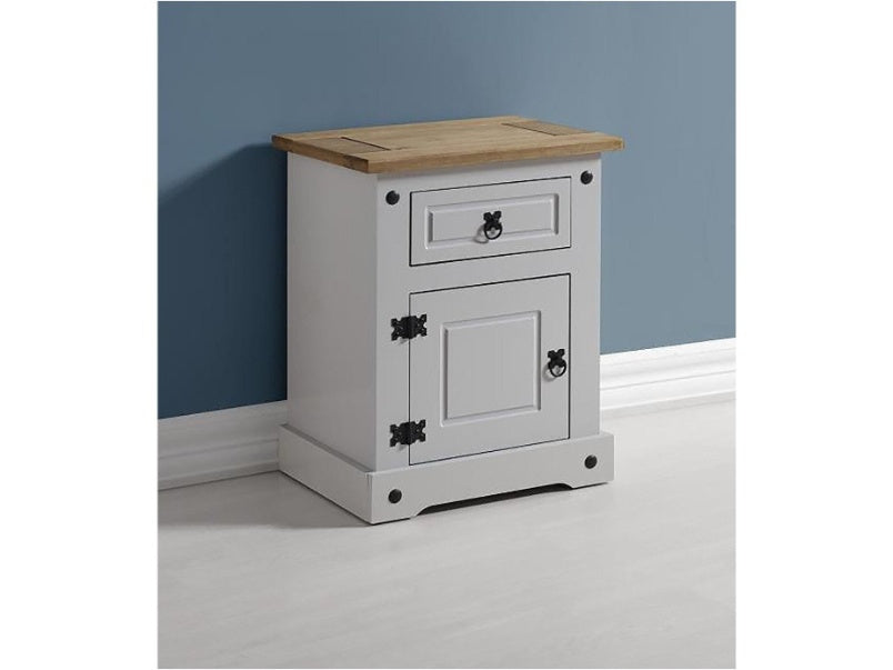 Corona 1 Drawer 1 Door Bedside Cabinet in Grey Distressed Waxed Pine