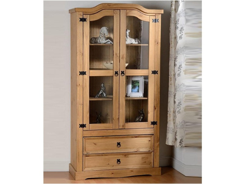 Corona 2 Door 2 Drawer Glass Display Unit in Distressed Waxed Pine Clear Glass