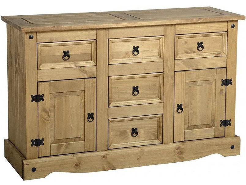 Corona 2 Door 5 Drawer Sideboard in Distressed Waxed Pine