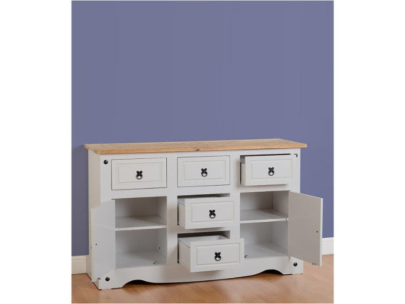 Corona 2 Door 5 Drawer Sideboard in Grey Distressed Waxed Pine