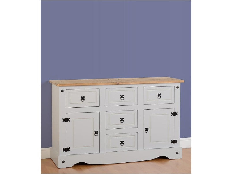 Corona 2 Door 5 Drawer Sideboard in Grey Distressed Waxed Pine