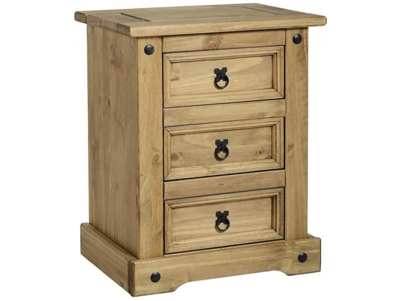 Corona 3 Drawer Bedside Chest in Distressed Waxed Pine