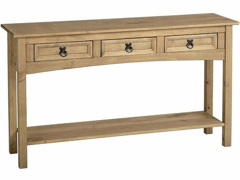 Corona 3 Drawer Console Table with Shelf in Distressed Waxed Pine