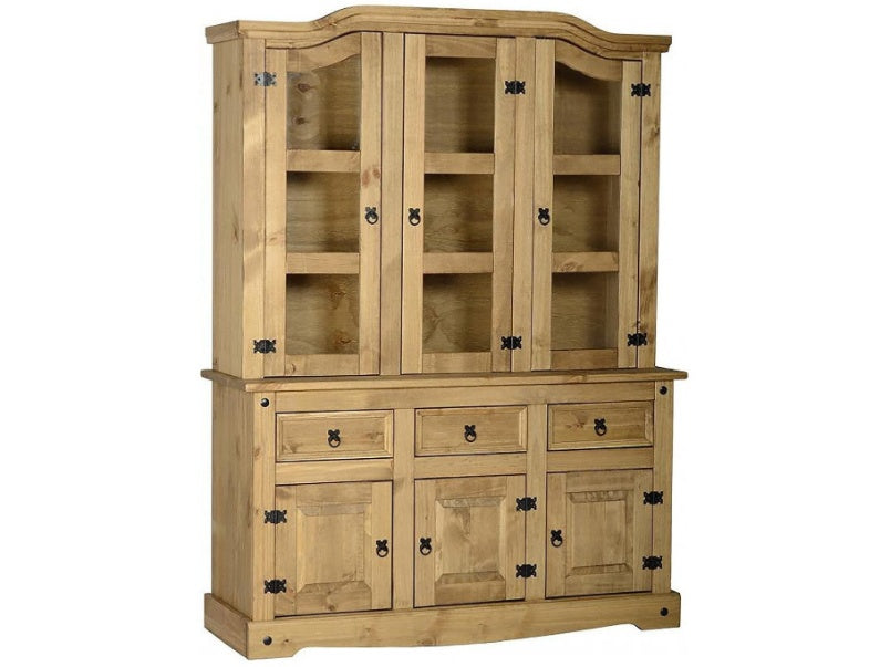 Corona 4-6ft Buffet Hutch in Distressed Waxed Pine Clear Glass