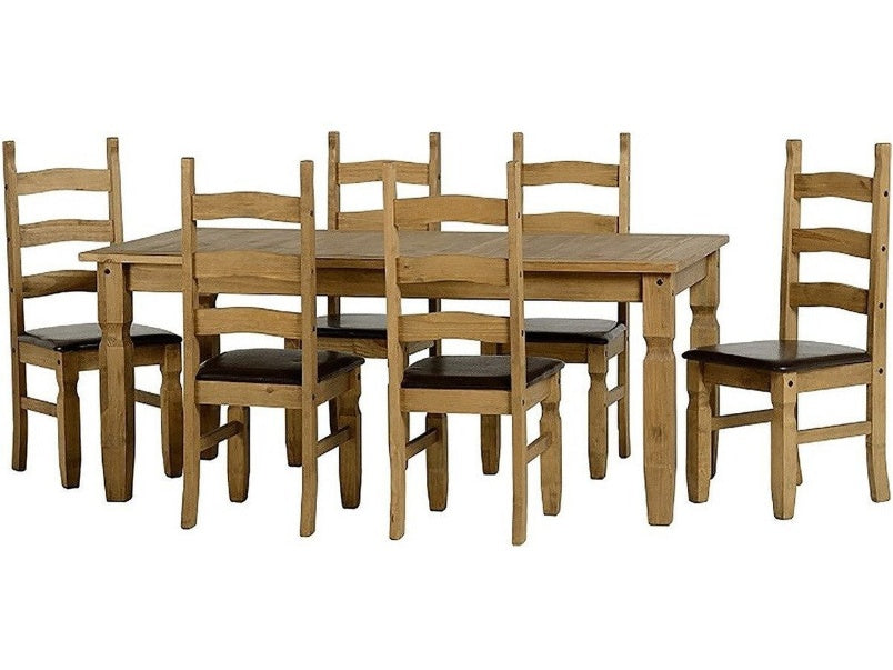 Corona 6ft Dining Set in Distressed Waxed Pine Brown Faux Leather