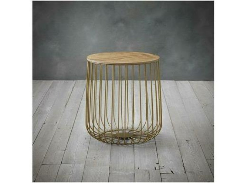 Enzo Small Cage Lamp Table Gold Frame Oak Marble Top