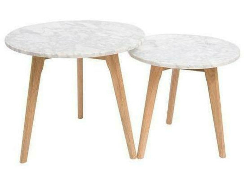 Harlow Round Nest Of Tables Oak-White Marble Top