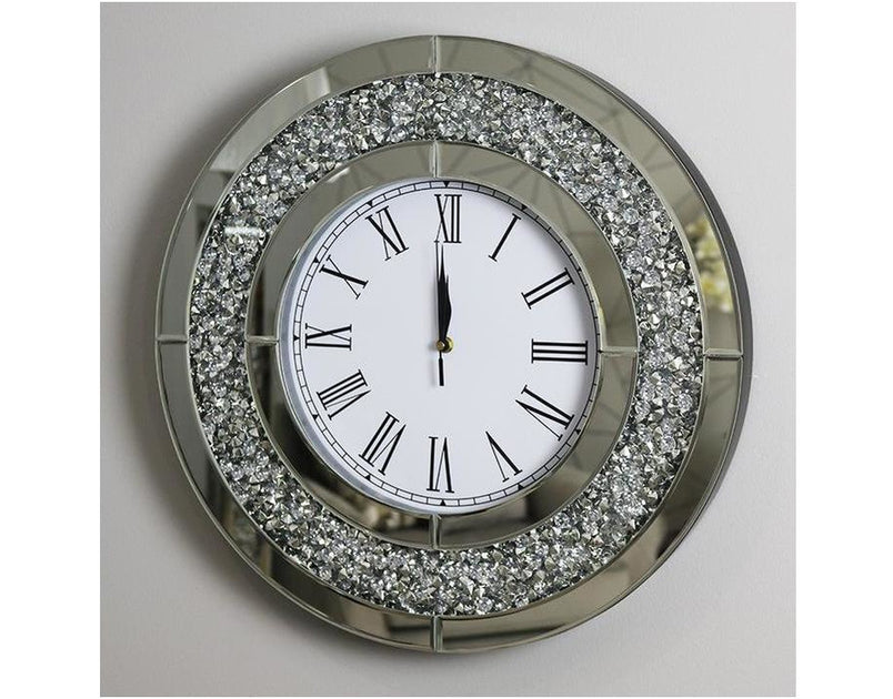 Round Mocka Silver Glass Diamond Crush Clock