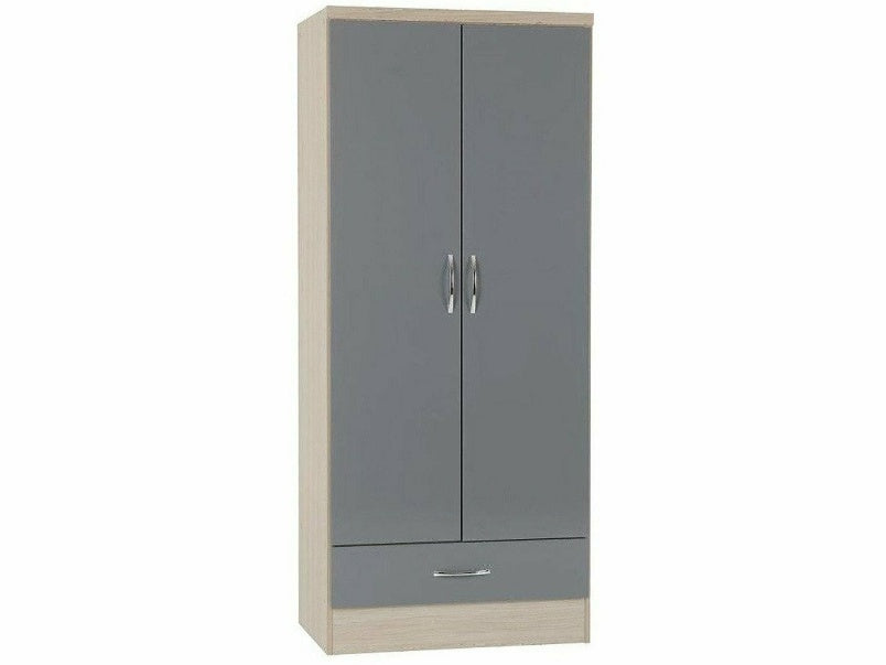 Nevada 2 Door 1 Drawer Wardrobe in Grey Gloss Light Oak Effect Veneer