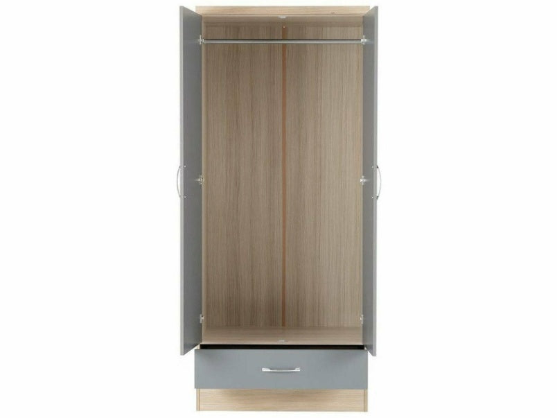 Nevada 2 Door 1 Drawer Wardrobe in Grey Gloss Light Oak Effect Veneer