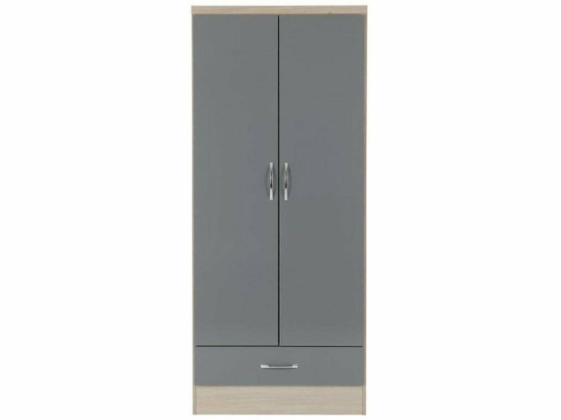 Nevada 2 Door 1 Drawer Wardrobe in Grey Gloss Light Oak Effect Veneer