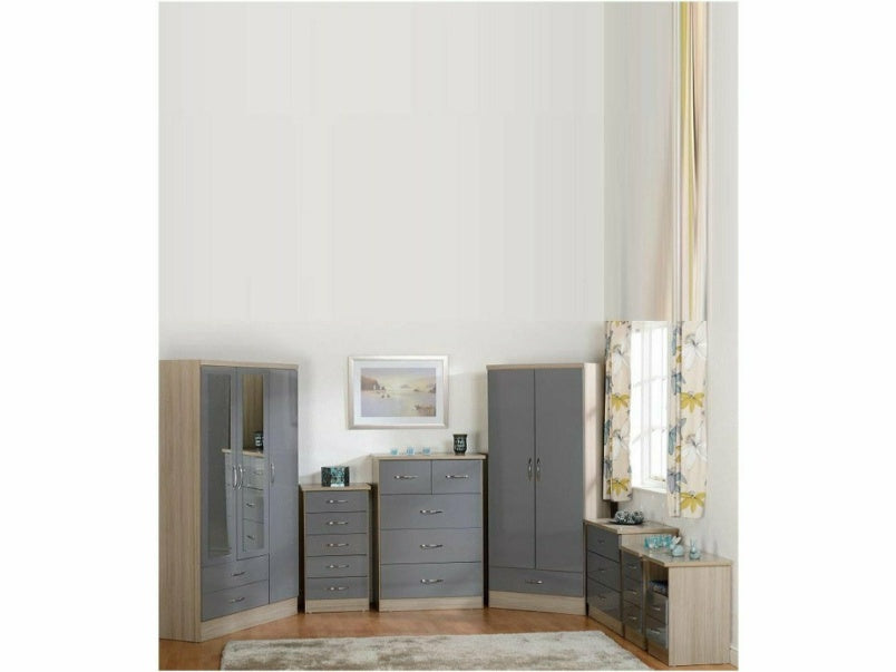 Nevada 2 Door 1 Drawer Wardrobe in Grey Gloss Light Oak Effect Veneer