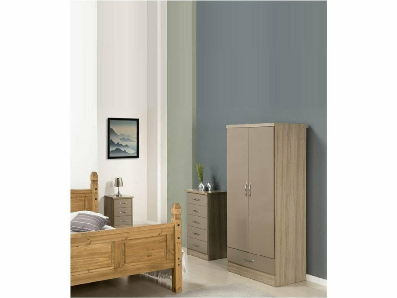 Nevada 2 Door 1 Drawer Wardrobe in Oyster Gloss Light Oak Effect Veneer