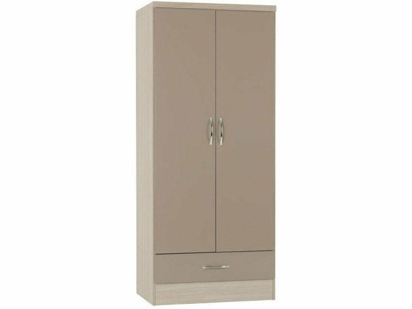 Nevada 2 Door 1 Drawer Wardrobe in Oyster Gloss Light Oak Effect Veneer