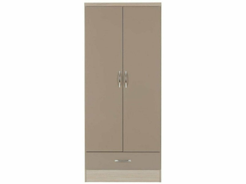 Nevada 2 Door 1 Drawer Wardrobe in Oyster Gloss Light Oak Effect Veneer