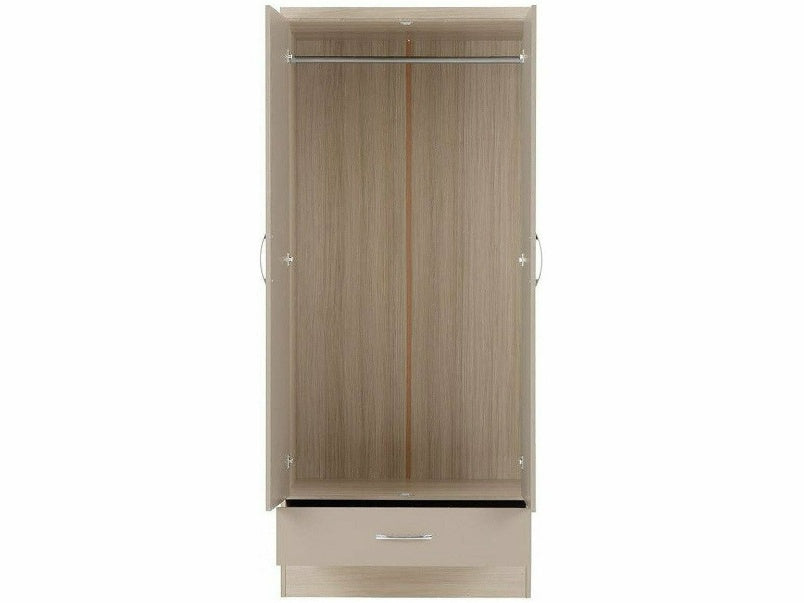 Nevada 2 Door 1 Drawer Wardrobe in Oyster Gloss Light Oak Effect Veneer