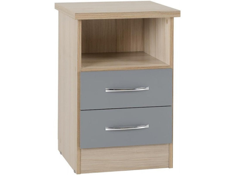 Nevada 2 Drawer Bedside in Grey Gloss Light Oak Effect Veneer