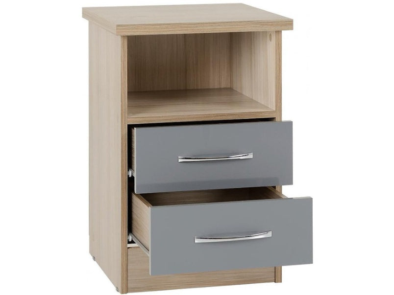 Nevada 2 Drawer Bedside in Grey Gloss Light Oak Effect Veneer