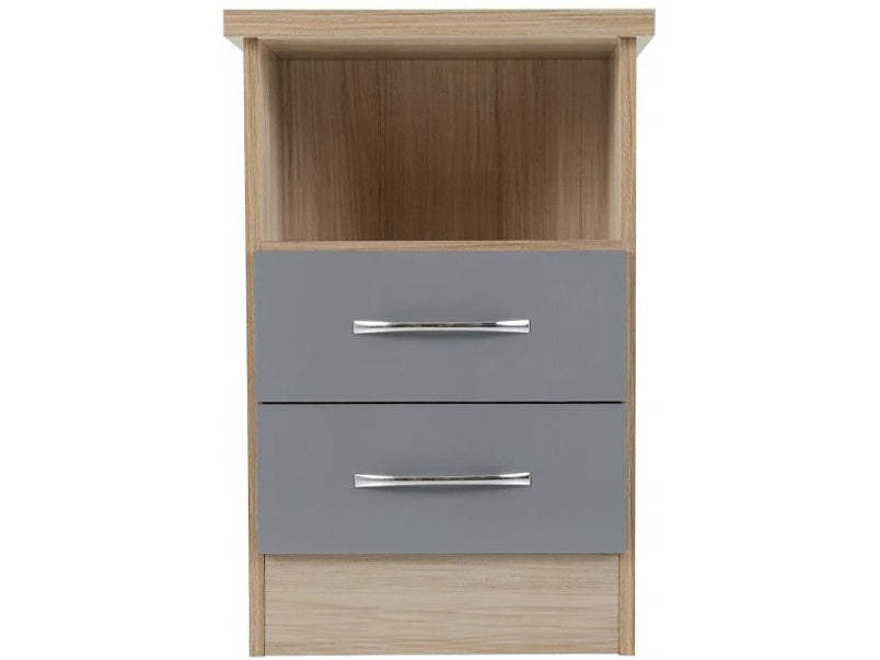 Nevada 2 Drawer Bedside in Grey Gloss Light Oak Effect Veneer