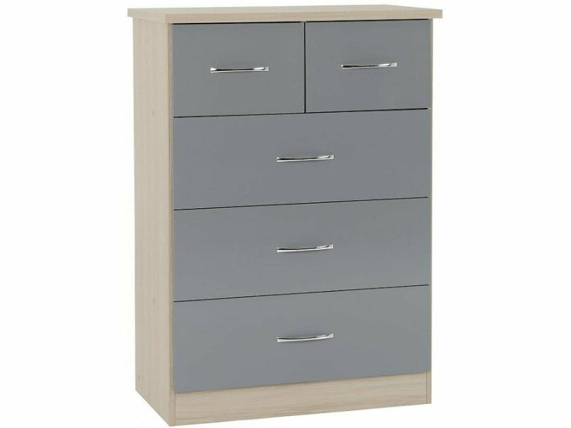 Nevada 3+2 Drawer Chest in Grey Gloss Light Oak Effect Veneer