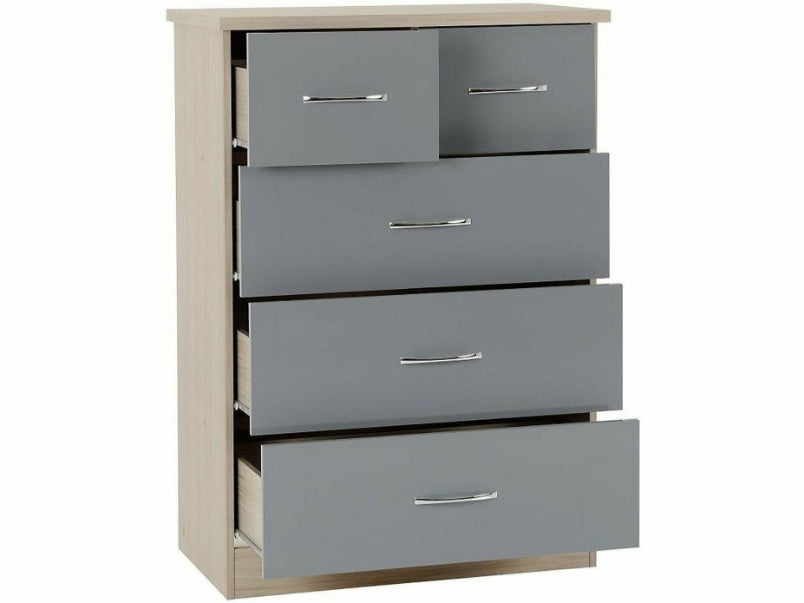 Nevada 3+2 Drawer Chest in Grey Gloss Light Oak Effect Veneer