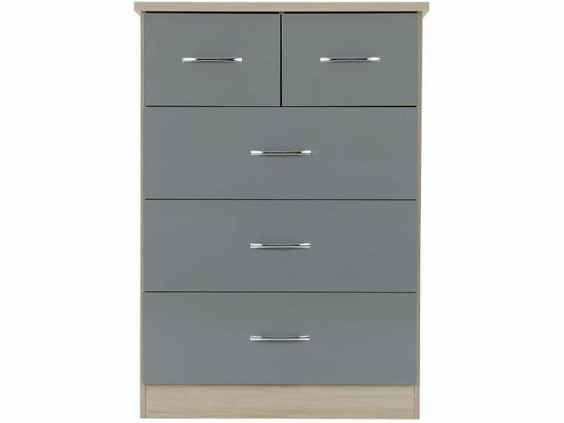 Nevada 3+2 Drawer Chest in Grey Gloss Light Oak Effect Veneer