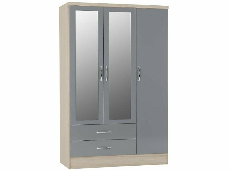 Nevada 3 Door 2 Drawer Mirrored Wardrobe in Grey Gloss Light Oak Effect Veneer