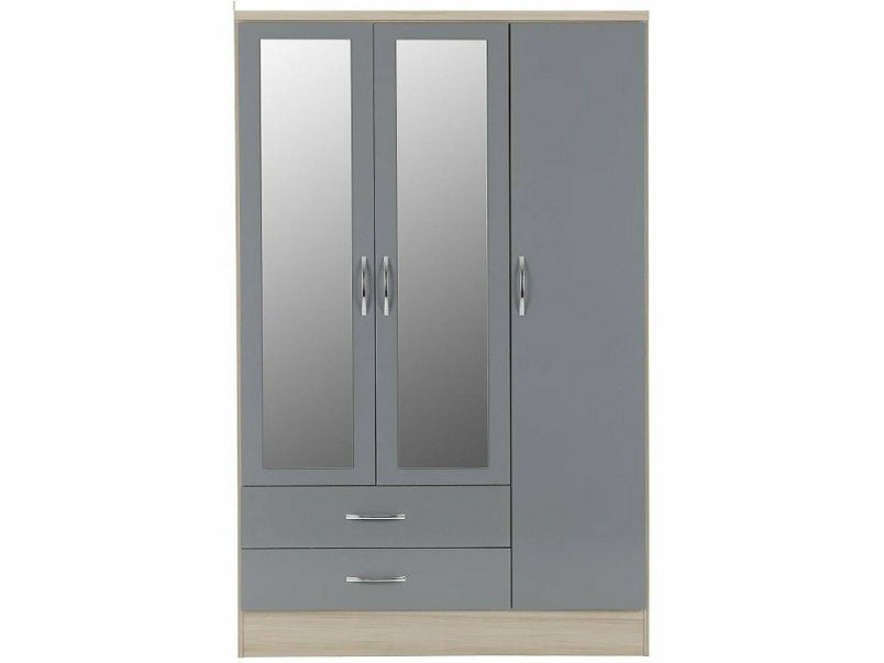 Nevada 3 Door 2 Drawer Mirrored Wardrobe in Grey Gloss Light Oak Effect Veneer