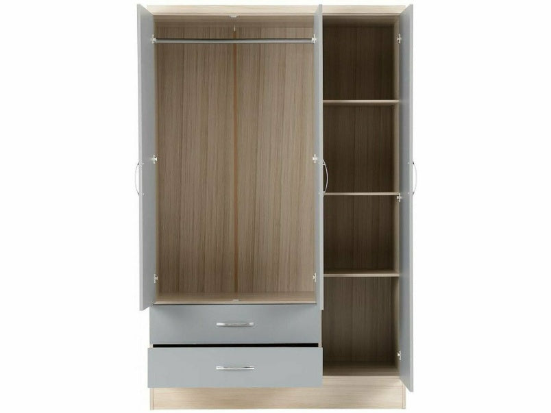 Nevada 3 Door 2 Drawer Mirrored Wardrobe in Grey Gloss Light Oak Effect Veneer