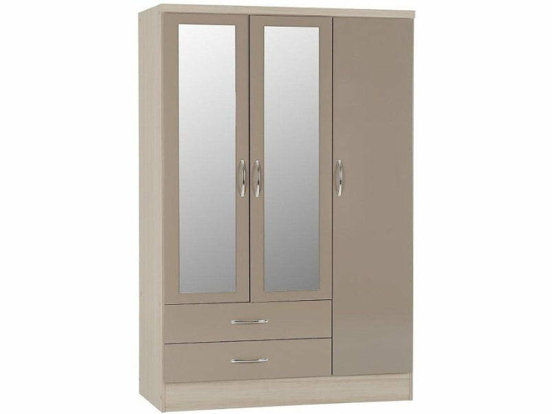 Nevada 3 Door 2 Drawer Mirrored Wardrobe in Oyster Gloss Light Oak Effect Veneer